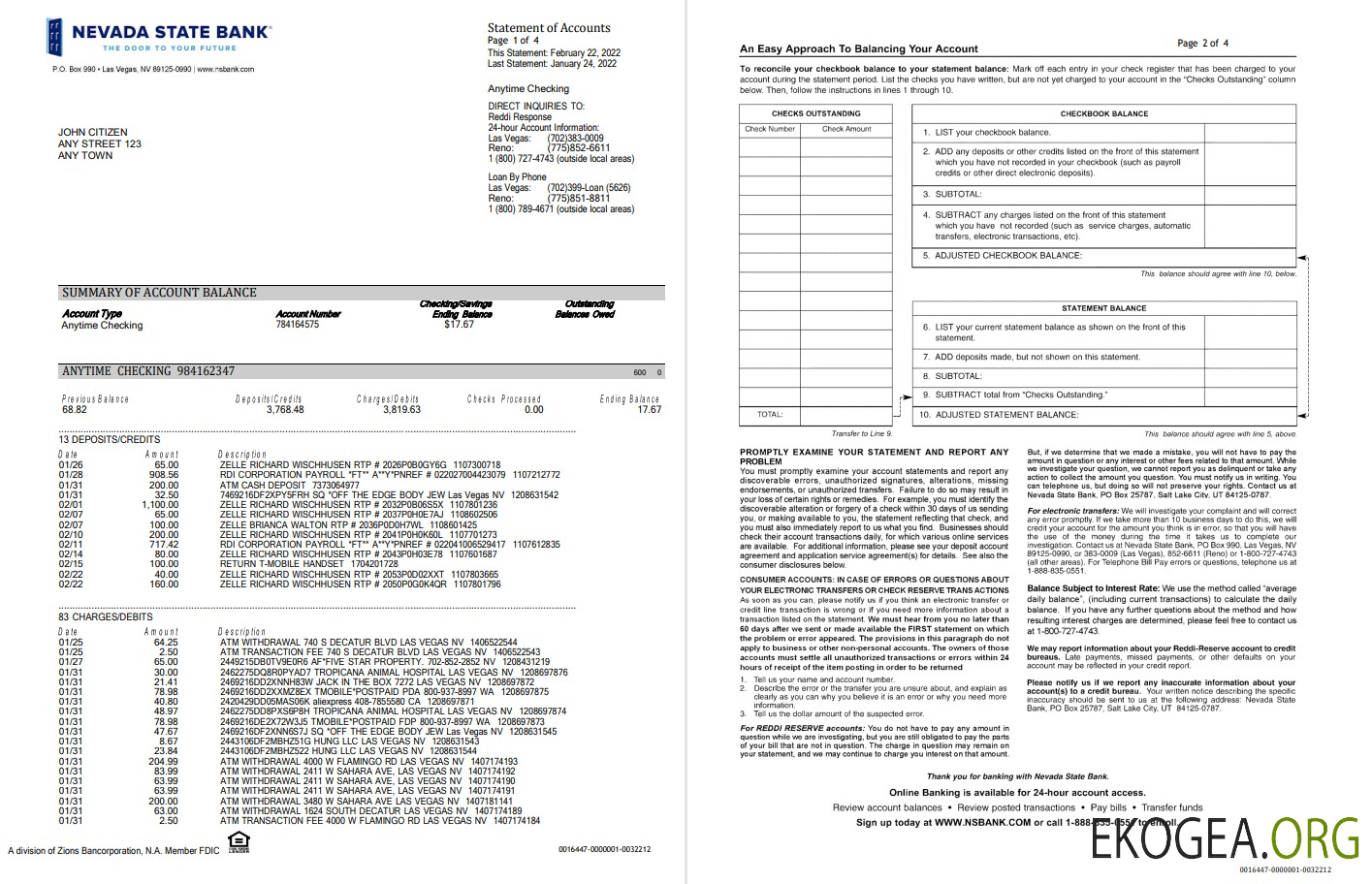 USA Nevada State Bank vérifiant à tout moment 4pages